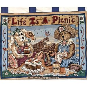 Boyds Bears Tapestry LIFE IS A PICNIC 34" x 26" Lined Bunny VTG Wall Hanging